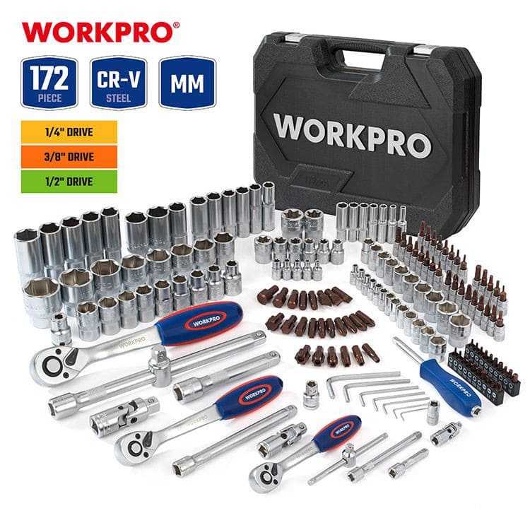 Workpro набор инструментов 1/4 3/8 1/2 172 предмета для ремонта авто в чемодане профессиональный